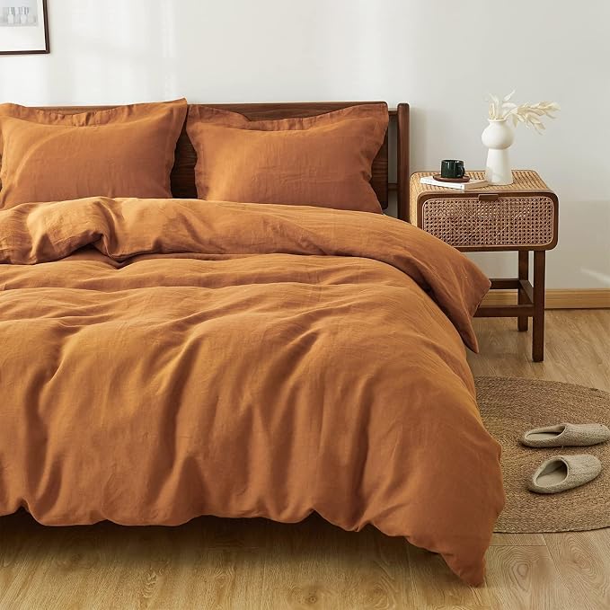 Simple&Opulence 100% Linen Duvet Cover Set, 3 PCS Natural French Flax Rust Duvet Cover Queen Size, Breathable Soft Comfy Linen Bedding Comforter Cover with 2 Pillowcases(Rust, 88"x92")