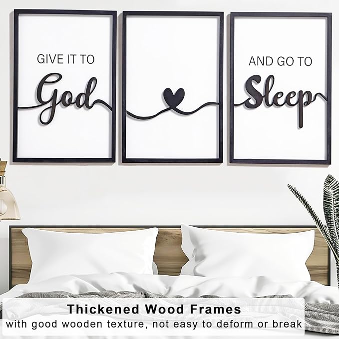 KIOSSUT 3D Wood Framed Black and White Wall Art, 3D Wood Signs Decor for Living Room Bedrom (Ready to Hang, 12 x 16 inches, Art Print) (Give it to God, 24"L x 16"W)