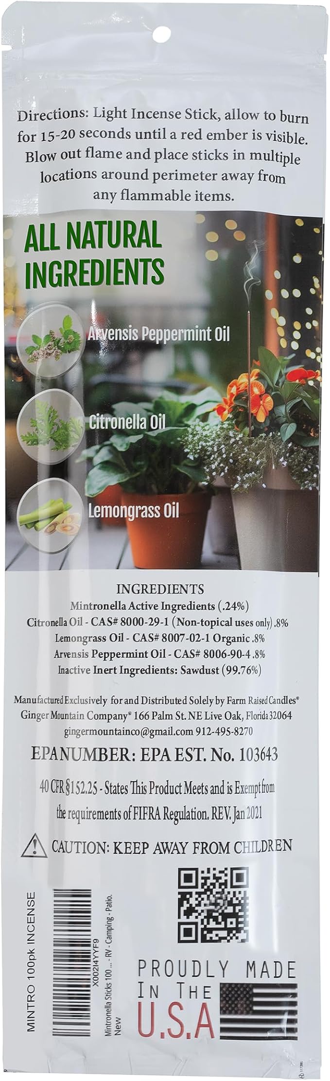 Farm Raised Candles USA Made - Bulk Pack Mosquito Repellent Incense Plant Based Natural Mosquito Gnat's & No See um Outdoor Patio Sticks Mintronella