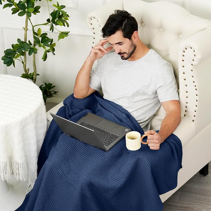 PHF Pre-Washed 100% Cotton Waffle Weave Throw Blanket for Couch, Lightweight Breathable Bed Blanket for Spring Summer, Snag Proof Machine Washable, Home Decor Gift - Navy Blue/Bright Blue