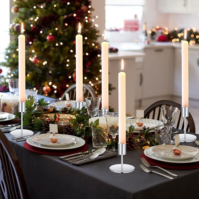 Sieral Candle Holders Bulk Taper Candlesticks Holders Set Modern Decorative Metal Candelabras for Wedding Anniversary Home Dinning Table Centerpiece Xmas Party Decor(Silver,15 Pcs)