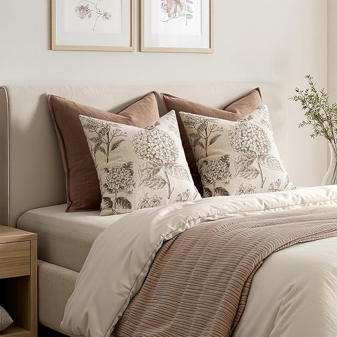 Set of 2 Decorative Floral Neutral Pillow Covers 18x18 Inch Light Brown Hydrangea Print Spring Boho Vintage Throw Cushion Covers for Sofa Couch Porch Bedroom Living Room Summer Home Decor