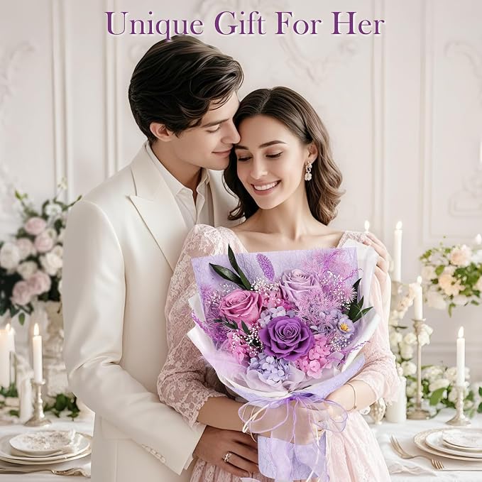 Preserved Bouquet of Flowers - 3 Roses & Flowers for Delivery, Long-Lasting Real Lavender Forever Flowers, Mothers Day Gifts for Mom Grandma Wife, Anniversary Birthday Gifts for Women