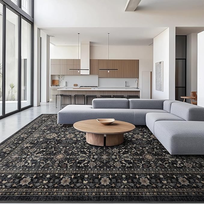 Ruaruarug Washable Area Rug 9x12 for Living Room, Bedroom, Ultra Soft Non Slip Stain & Fade Resistant, Pet & Kids Friendly, Suitable for High Traffic Areas Easy to Clean for Office Kitchen, Black Grey