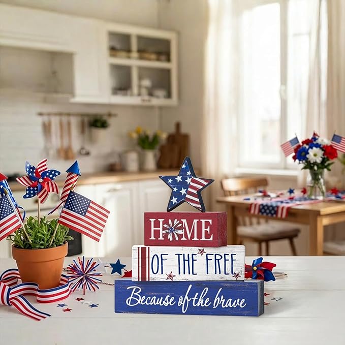 Smile 4 Pcs Veterans Day Patriotic Memorial Day Indoor Wooden Decor, Home of Free Tiered Tray Farmhouse Table Decoration for Home and Office