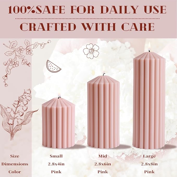 Pink Ribbed Pillar Candle Set of 3 - Wild Bluebell Scented Soy Wax Candle,Aesthetic Decorative Textured Pillar for Home Decor-2.8x4,6,8in Long Lasting Fragrance for Home Decor,Gifts,Spa,Wedding