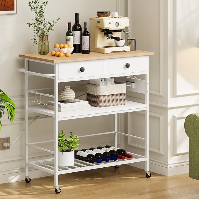 HOOBRO Kitchen Island with Storage, Rolling Island Cart for Kitchen with 2 Drawers & Outlet, 3 Tier Coffee Station and Microwave Stand, Kitchen Island Table for Home, Natural and White WN08UZD01