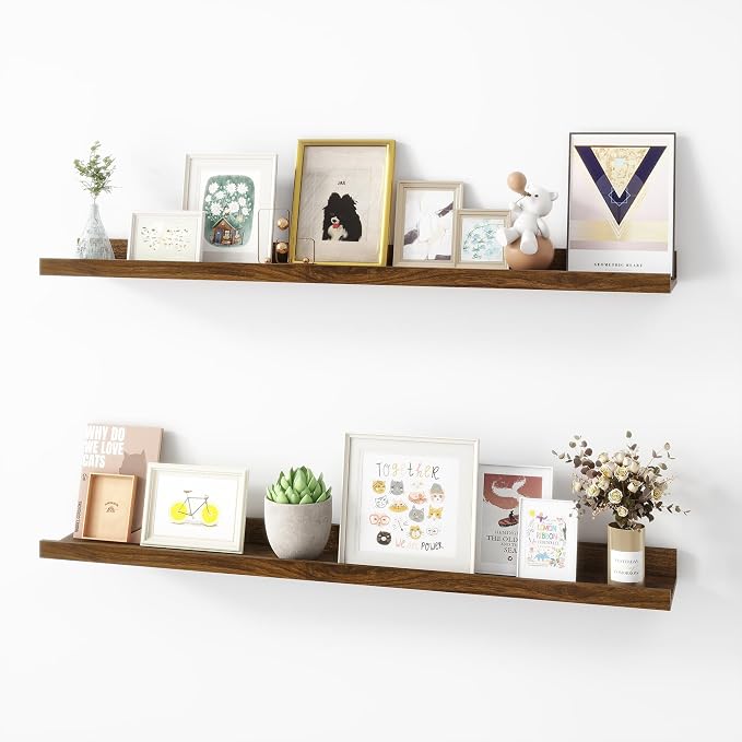 Acovy Picture Ledge Shelf, Wood Floating Shelves, 36 inch, Walnut, Set of 2 | Wall Mounted, For Living Room Kids' Room Bedroom, Photo Ledge Nursery Book Shelves
