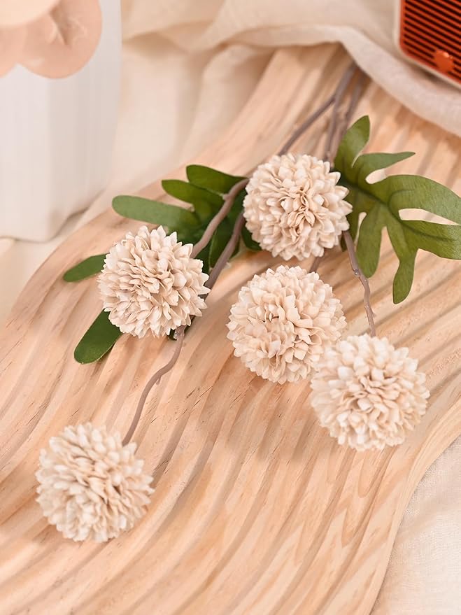 Waipfaru 10pcs Fake Silk Pompon Mum Artificial Flowers, Bulk Faux Mini Chrysanthemums, for Centerpieces Wedding Fillers Champagne Arrangements Boho Decor, No vase, Beige