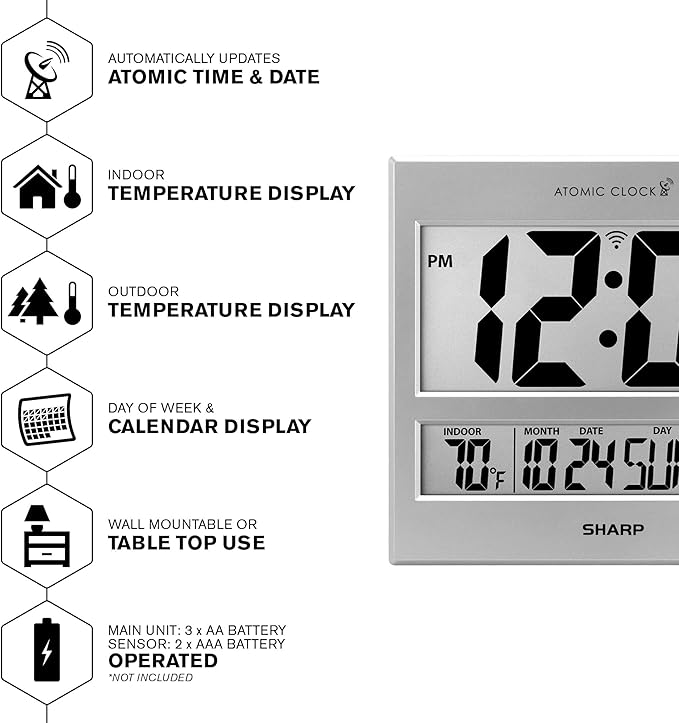 Sharp Atomic Clock - Atomic Accuracy - Never Needs Setting! -Silver Tech Style - Jumbo 3" Easy to Read Numbers - Indoor/Outdoor Temperature Display with Wireless Outdoor Sensor - Easy Set-Up!
