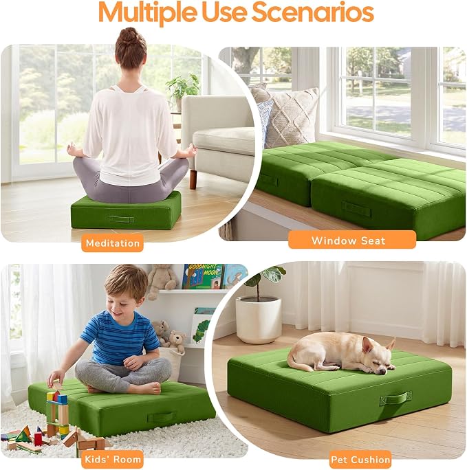 MeMoreCool Square Floor Pillow Seating for Adults Kids, Large Meditation Cushion Floor Pillow with Thick Foam & Soft Tufted Cover, Washable Big Pillow Seat Floor Cushion for Sitting Yoga 22" Green