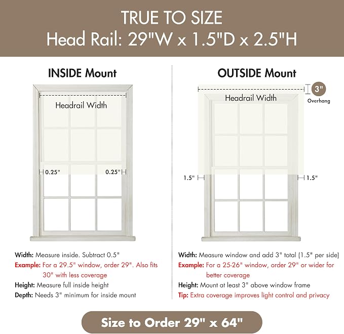Madison Park Kyler Cordless Roman Shades - Single Panel, Lightweight Linen Blend Fabric, Natural Design, Easy Installation, Light Filtering Window Blind, Bedroom, Living Room Decor 29"W x 64"H Ivory
