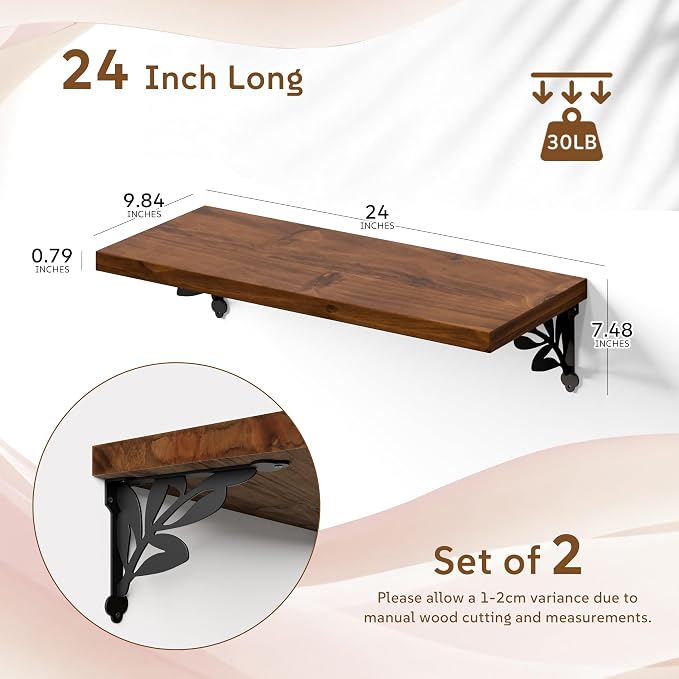 24 Inch 2 Tier Solid Wood Floating Shelves for Wall with Metal Brackets | 24 inch solid pine shelves, 2 tier, walnut finish, metal brackets for books, decor and home storage