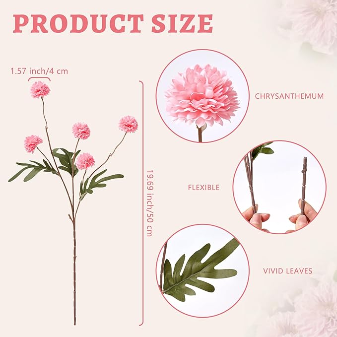 Waipfaru 10pcs Fake Flowers, Artificial Pompon Mums, Bulk Faux Chrysanthemums Flowers for Indoor Home Decorations, Boho Decor, Pink, No vase