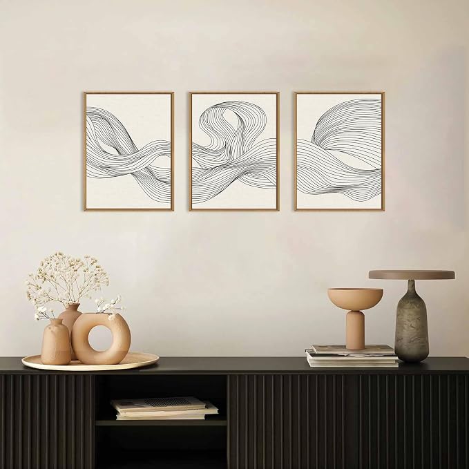 HPNIUB Large Neutral Abstract Framed Canvas Wall Art,Textured Beige Minimalist Wall Decor,Black Line Wave Art Prints,Boho Modern Geometric Artwork for Living Room, Bedroom, Office -12"x16"x3