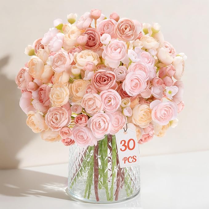 Alupssuc 30Pcs Ranunculus Artificial Flowers Faux Silk Mini Ranunculus, Artificial Flowers Indoor for DIY Bouquets, Bulk Fake Wedding Filler Flowers for Bride Decorations, DustyRose&Cream&ShabbyBlush
