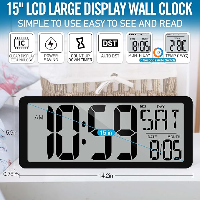 TXL 14.2"" Large Digital Wall Clock Battery Operated, Digital Clock Large display with Day, Date & Temperature, Large wall clock for Bedroom, Livingroom, Office，Battery Included, Black