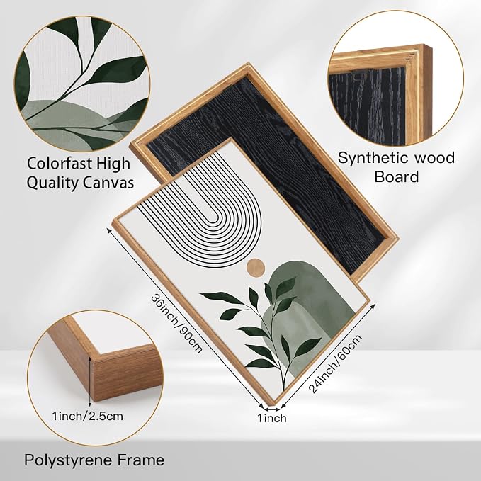 TOARTi Large Framed Boho Botanical Canvas Wall Art Set, Abstract Bohemian Sage Green Wall Decor, Mid Century Modern Neutral Geometric Leaf Art Prints for Living Room Bedroom Office-24”x35”x3