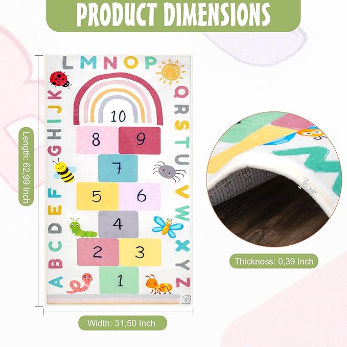 Hopscotch Rug for Kids, Hopscotch Play Mat, ABC Classroom Learning Mat, Small Kids Rug for Playroom, Non-Slip Educational Carpet for Kids Room or Classroom (Numbers & Squares)