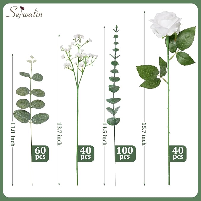 Serwalin 240 Pcs Mixed Eucalyptus Greenery Stems, White Silk Roses and Babys Breath Artificial Flowers for DIY Wedding Bouquets Home Party Arrangement Floral Vase Decor