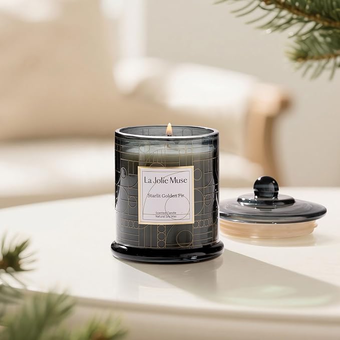 LA JOLIE MUSE Starlit Golden Fir Scented Candle, Pine, Cedarwood & Fir Balsam, 75-Hour Long Burn, Natural Soy Wax, Decorative Glass Jar Candle with Gift Box