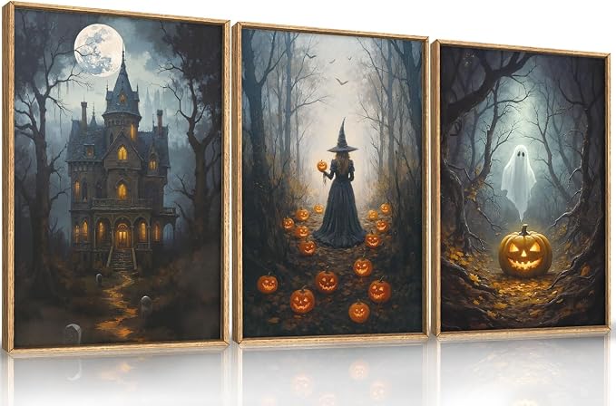 Halloween Moon Castle Framed Canvas Wall Art Set, Scary Dark Forest Witch Wall Decor, Cute Ghost Wall Painting, Pumpkin and Bats Art Prints for Gothic Party, Living Room, Club -24"x36"x3
