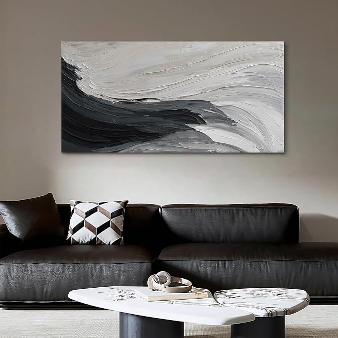Modern Minimalist Black & White Ocean Wall Art, Large Abstract Wall Decor | Hand-Painted Oil Painting Canvas Artwork for Living Room Bedroom Office, Original Horizontal Coastal Wall Art Home Decor Gift