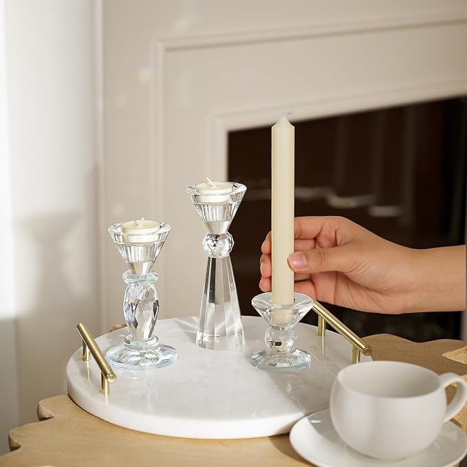DN DECONATION Glass Candle Holder 3 Pcs, Clear Crystal Candlestick Holders | Tealight Candle Holders, Aesthetic Home Decor for Table Centerpiece, Wedding Decorations, Housewarming Gift, Living Room