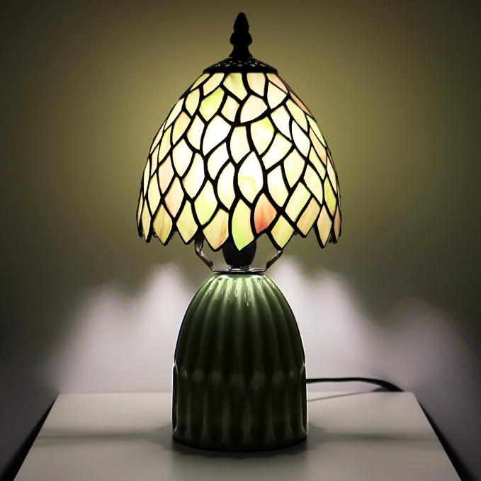 Tiffany Stained Glass Mushroom Table Lamp 12.5 Inch -Brownish Leaf | Tiffany Lamp,6X6X12.5 Inch,Small Night Light,Ceramic Base, Mini Accent Light Suitable,Bedside,Bedroom, Children Room,Antique