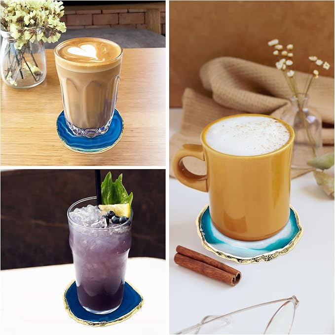 Luxiv Agate Coasters Set of 4 Crystal Drink Coasters with Gift Box (Blue) | Set Of 4 Natural Purple Agate Coasters, 3-4 Inch Crystal Stone With Gold Edge, Gift Box Included For Home Drink And Decor