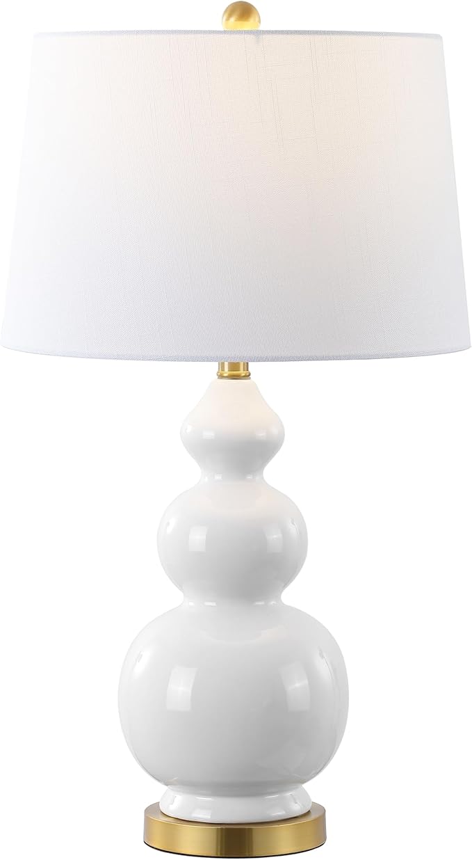 JONATHAN Y 27.5" White/Brass Gold Modern Ceramic Gourd Table Lamp for Living Room, Large Bedside Nightstand Lamp for Bedroom, White Linen Drum Shade, LED Bulb Included (JYL4023D)