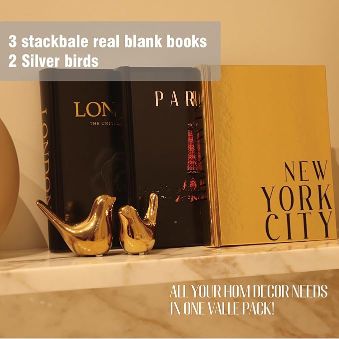 Decorative Books for Home Decor with Small Birds Statues Gold Home Decoration, Modern Style Coffee Table Book Decor, Stacked Books for Bedroom, Living Room, Office Desktop, Cabinets Shelf Decor