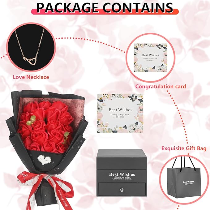 Rose Bouquet Rosas Eternas Preserved Rose Bouquet 18 Flower Bouquet with Beautiful Love Necklace, Unique Gift for Birthday, Valentine's Day, Mother's Day, Thanksgiving, Christmas, Anniversary(Red)