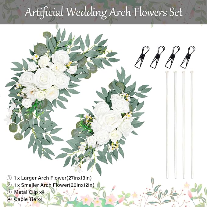 Wedding Arch Faux Flowers Set of 2, Wedding Welcome Signs Greenery Garland Decoration for Ceremony, Reception, Backdrop (White)