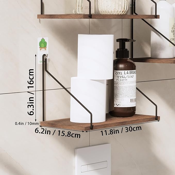 QsQueen Elevate Your Space with Rustic Wood Floating Shelves Set of 3- Perfect for Bedroom, Living Room, Bathroom, and Kitchen Decor - Easy Installation, No Drilling Needed! Brown