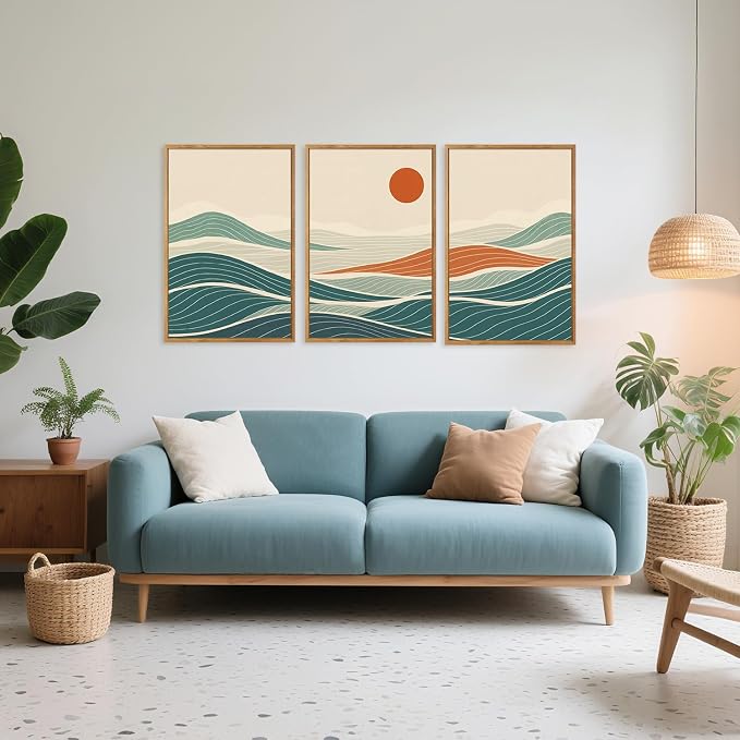 CHDITB Coastal Wave Framed Canvas Wall Art Set, Panoramic Minimalist Sea Wall Decor, Sun Ocean Waves Line Art Wall Painting, Modern Blue Art Prints for Living Room, Beach House Decor 16"x24"x3