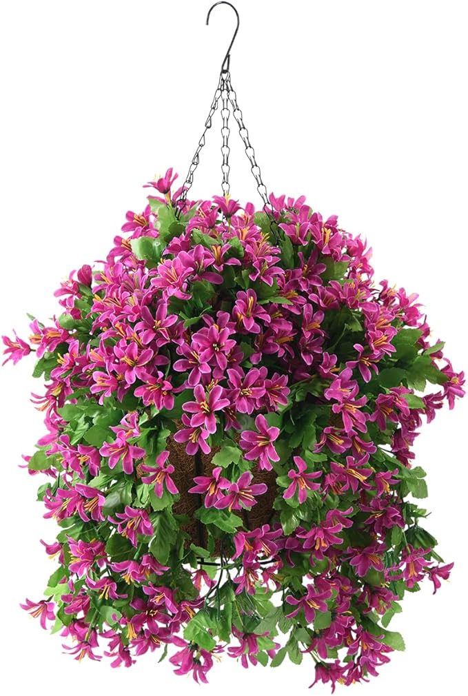 INQCMY Artificial Hanging Flowers in Basket for Spring Summer Outdoor Porch Decoration,UV Resistant Fake Silk Violet in Planter Realistic for Outside Home Patio Balcony Garden Yard Decor