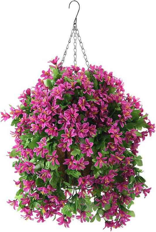 INQCMY Artificial Hanging Flowers in Basket for Spring Summer Outdoor Porch Decoration,UV Resistant Fake Silk Violet in Planter Realistic for Outside Home Patio Balcony Garden Yard Decor