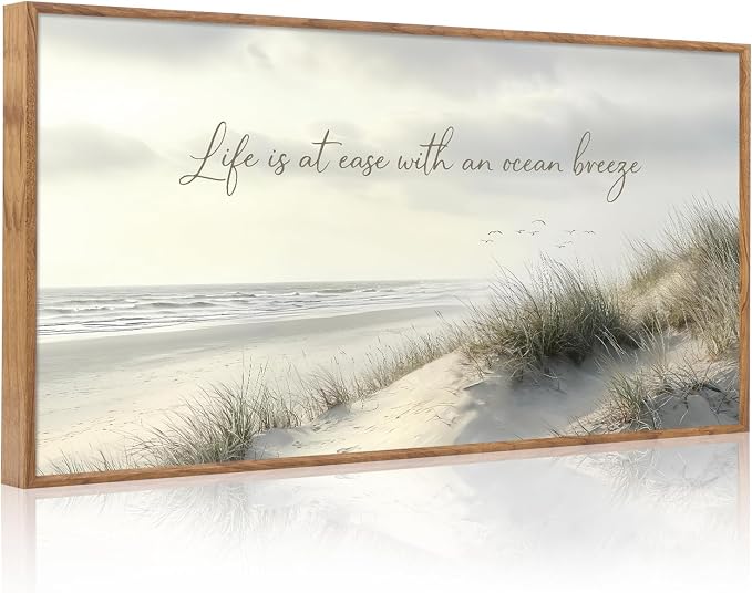 CHDITB Coastal Beach Landscape Wall Art Framed, Neutral Boho Pampus Grass Beachy Scenery Canvas Artwork, Large Nautical Ocean Waves Seascape Cozy Relaxing Calming Quotes Painting Decor for Bedroom Office (40"L x 20"W)