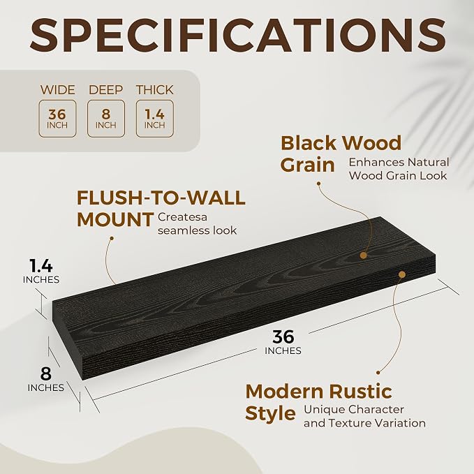 Dreamland 36Inch Black Floating Shelves 8" Deep Wall Mounted Set of 2 | Wall shelves for bathroom, bedroom, kitchen, deep wall mount wood storage display for home decor 36" x 8"