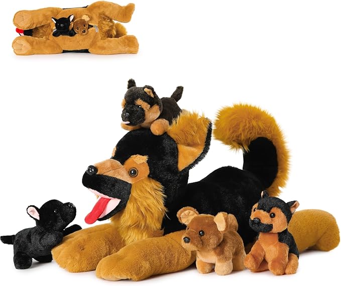 MaoGoLan 5Pcs Giant German Shepherd Dog Plush Toys with 4 Babies, Realistic Soft and Cuddly Stuffed Dog Puppies for Kids, Puppy Lovers
