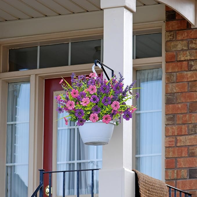 12 Bundles Artificial Flowers Outdoor Silk Fake Plants UV Resistant Faux Plastic Greenery Shrubs for Home Outside Garden Front Porch Window Box Pot Planters Decor (Double Purple)