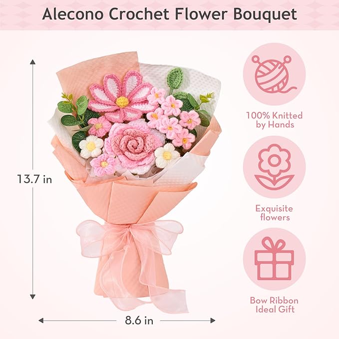 Alecono Crochet Flower Bouquet, Knitted Flowers, Pink Handmade Bouquet of Flowers for Mother's Day Anniversary Birthday Party Graduation Valentine's Day Gifts (Include Card)