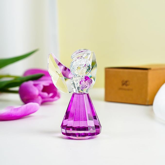 HDCRYSTALGIFTS 3'' Purple Crystal Guardian Angel Figurine Gifts for Women,Art Glass Angel Ornaments Statue Collectibles Home Decor