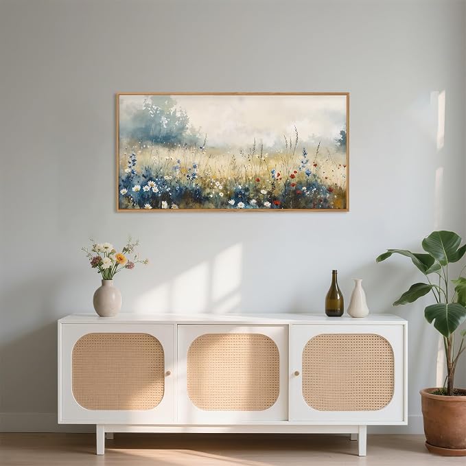 Nature Wildflower Framed Canvas Wall Art Set, Pastoral Landscape Wall Decor, Colorful Meadow Wall Painting, Rustic Floral Art Print for Living Room, Bedroom, Office-20 X40