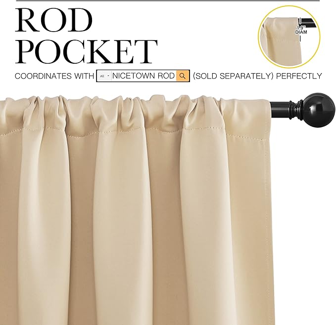NICETOWN Room Darkening Curtains for Bedroom - Triple Weave Home Decoration Thermal Insulated Solid Drapes for Kitchen (Biscotti Beige, Set of 2 Panels, 62 x 63 Inch)