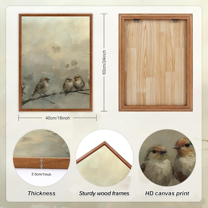 LHIUEM Large Cute Birds Framed Canvas Wall Art,Antique Sparrow Branch Wall Decor,Vintage Farmhouse Painting,Retro Natural Landscape Artwork for Living Room,Bedroom,Dining Room,Office -24"x36"x3