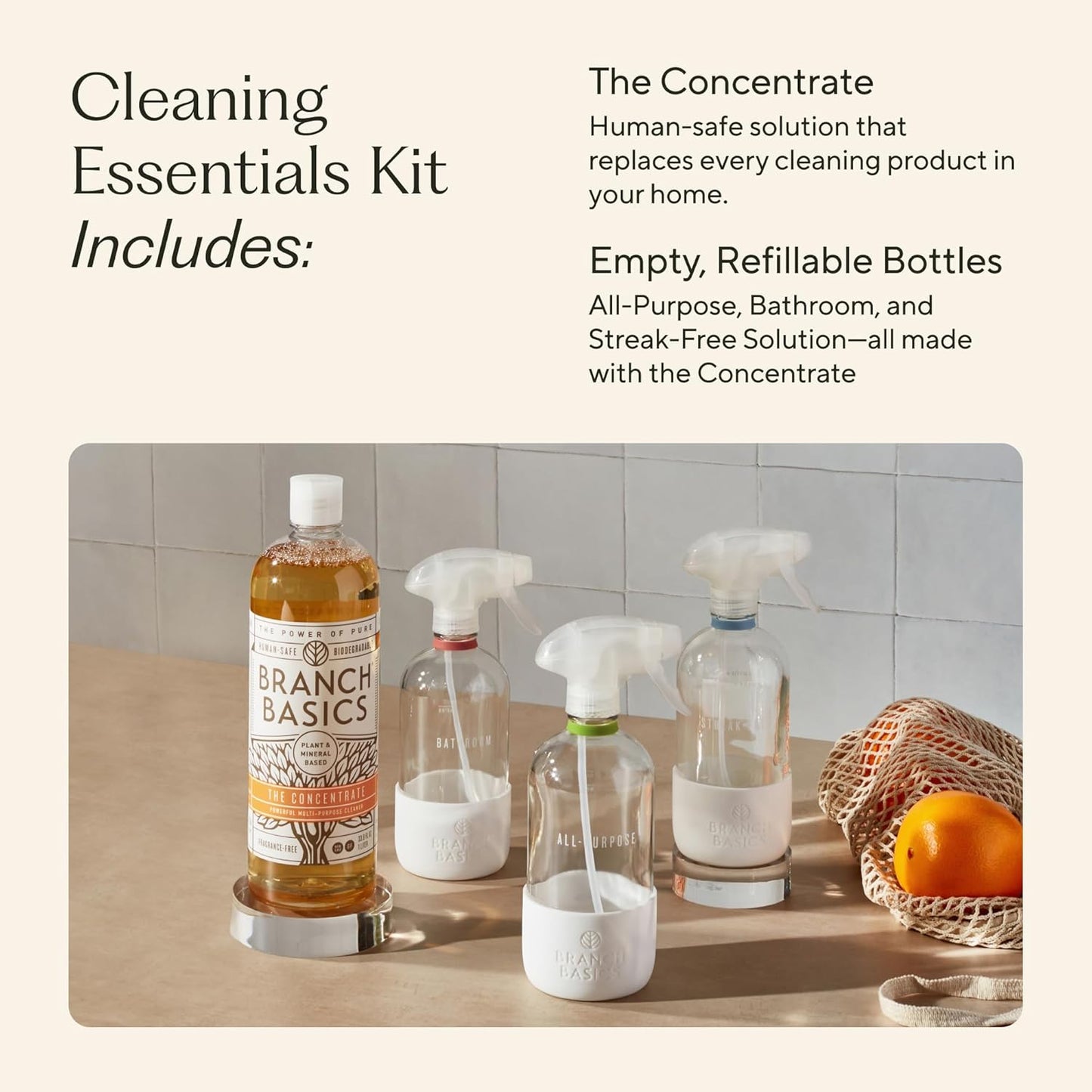Branch Basics Cleaning Essentials Kit in Glass: All Purpose Cleaner and Bathroom Cleaner - Concentrate (33.8 Oz) + Glass Spray Bottles for Cleaning (16 Oz) Fragrance-Free