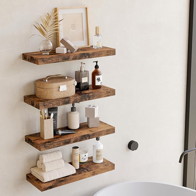 Fixwal Wood Floating Shelves, Wall Shelves Set of 4, Shelves for Wall Decor, with Invisible Brackets for Bathroom, Living Room,Bedroom and Kitchen(Rustic Brown) | Wall Shelves, for Bathroom, Living Room, Bedroom, Kitchen