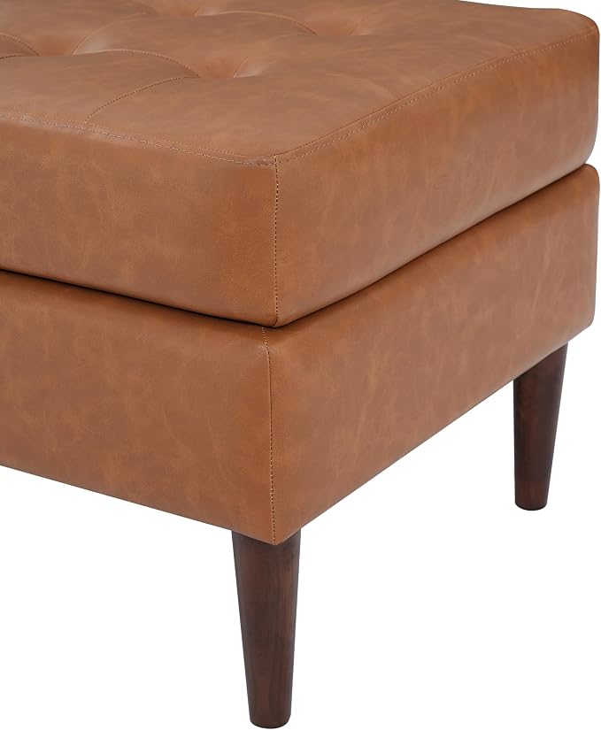 Christopher Knight Home Dalla Faux Leather Ottoman Coffee Table, Small Living Room Sofa Footrest, Wooden Rectangular Ottoman Footstool, Guest Extra Seat, Tan Brown+Walnut